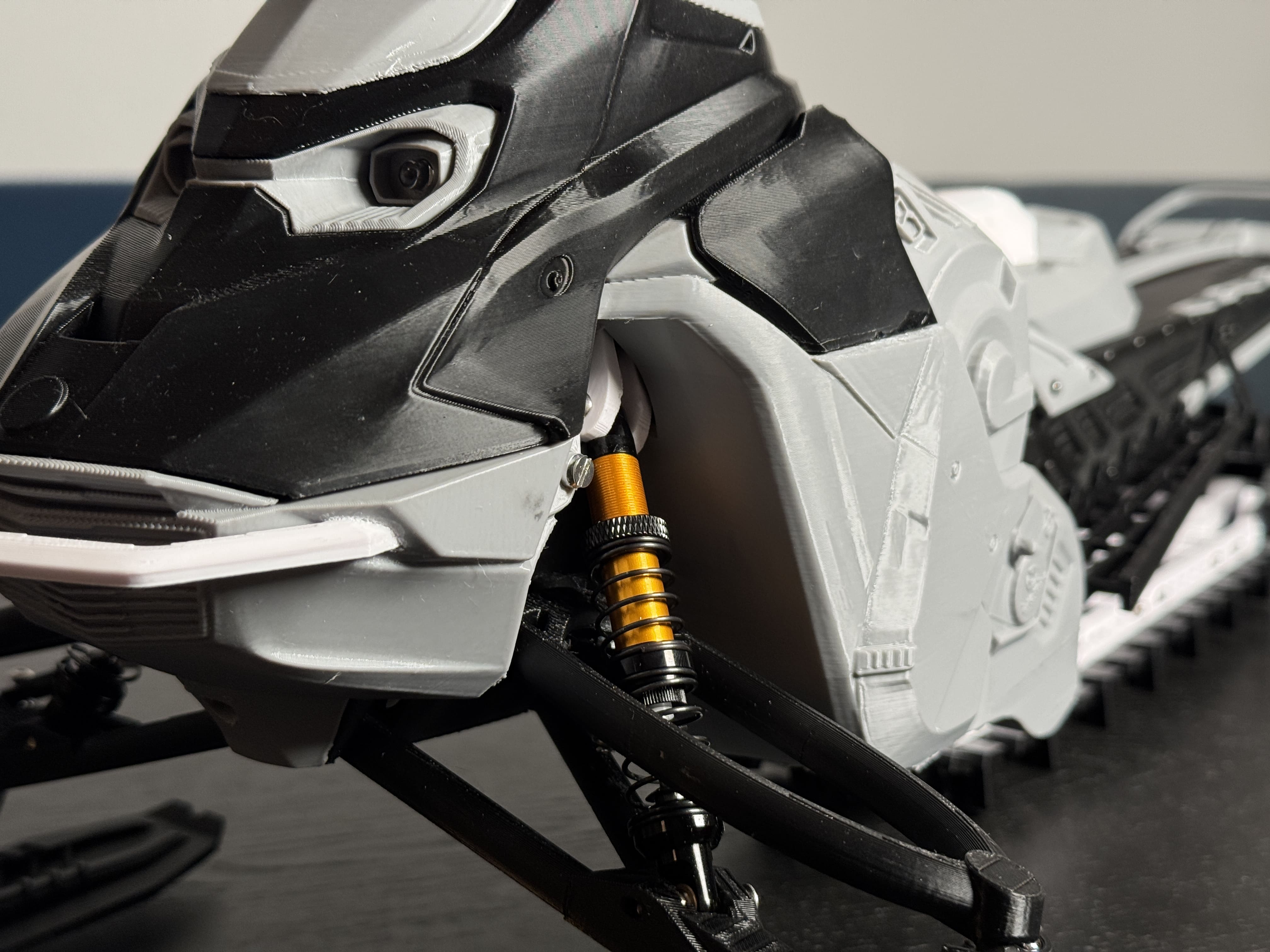 RC snowmobile rear view